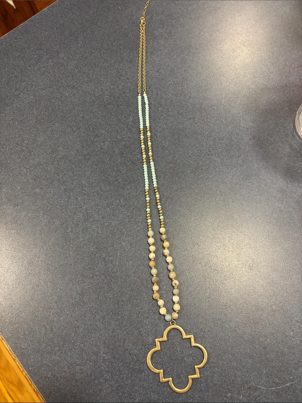 Gold Quatrefoil Pendant Necklace with Mint and Beige Beads